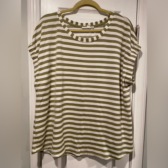 Jane + Delancey Size XL Banded Sleeve Crew Neck Green White Stripe Terry Top - Picture 1 of 10